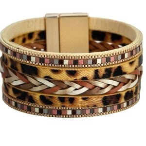 Boho Multi Layer Leather Braided Leopard Pattern Magnetic Buckle Bracelet